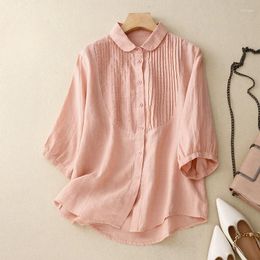 Women's Blouses Cotton Linen Solid Shirts Summer 2024 Chinese Style Loose Short Sleeve Top Ladies Clothing YCMYUNYAN