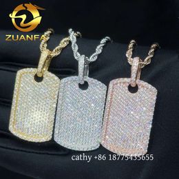 Ready To Ship Hip Hop Jewellery Iced Out Pendant Sterling Sier Moissanite Dog Tag Pendant With Rope Chain