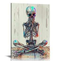 Funny Skull Canvas Wall Art Hear See Speak No Evil Abstract Colorful Human Skeleton Artwork for Modern Home Bedroom Decor Ready to Hang