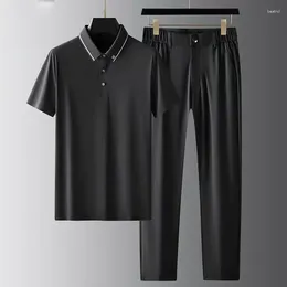 Men's Tracksuits Wrinkle Resistant Suits Summer Fashion Business Light Ultra-thin Ice Silk Short Sleeve Polo Shirt Long Pants Two-piece Set