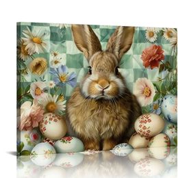 Easter Rabbit Wall Art For Living Room/Bedroom, Canvas Bathroom Decor Wall Art Kitchen Office Framed Wood Picture, Fantasy Flower Colourful Eggs Flower Plaid