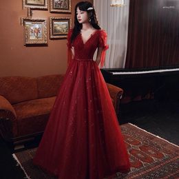 Party Dresses Wine Red Tulle Sequin Evening Dress Women V-Neck Backless Bow Bandage Prom Gown Exquisite Elegant Modern Host