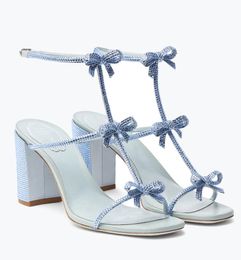 2024 Summer Walk Designer Womens Sandals Shoes Caterina Three Crystal-studded Bows Block Heels Party Wedding Dress Lady Blue Walking High Heel Sandal Shoe EU35-43 Box