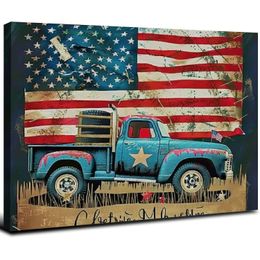 4th of July Canvas Wall Art Framed Wall Decoration Truck Wall American Flag Stars Red White Stripe Aesthetic Wall Artwork Ready to Hang Wall Pictures for Living Room