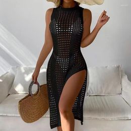 Women Summer Sexy Hollow Out Knitted Beach Cover Up Double Side Slits Dress Femme Beachwear Round Neck Sleeveless Clothes