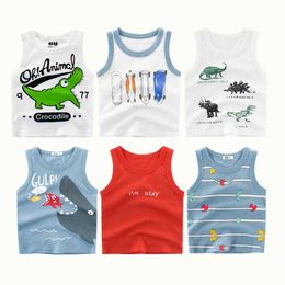 Tank Top Summer Childrens Boys Tank Top 100% Cotton Dinosaur Cartoon Baby Boys and Girls Top Childrens Cute Bottom Shirt Y240527