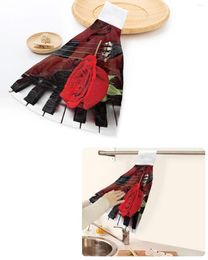 Towel Violin And Red Roses On Piano Hand Towels Home Kitchen Bathroom Hanging Dishcloths Loops Quick Dry Soft Absorbent Custom