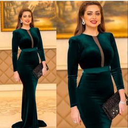 Dark Green Muslim Dubai Mother of the Bride Dresses Jewel Neck Long Sleeve Velvet Ribbon Sash Formal Dress Plus Size Evening Gowns 2281