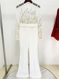 2024 Free Shipping White Mesh Patchwork Straight Loose Women's Rompers Runway Beads Crystals Women's Jumpsuits 52830