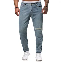 Men's Jeans Mens Hole Buckle Zipper Middle Waist Denim Light Blue Vintage Straight Long Pants High Slim Streetwear