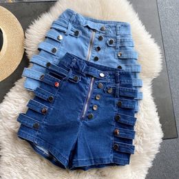 Women's Jeans 2024 Summer Denim Shorts Women's High Waist Slimming Casual Side Metal Breasted Motorcycle Wide-leg