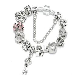 Silver Plated Heart Key Pendant Charm Bracelets For Women Original Girls Princess Crown Beaded Bracelet Wife Jewellery GC1955 Riwkc