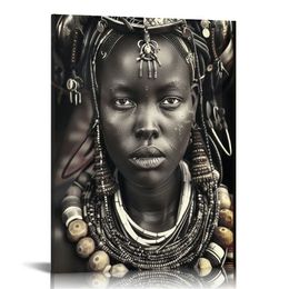 벽을위한 흑백 작품 아프리카 패션 여성 사진 원주민 문명 아트 그림 1 피스 캔버스 현대 예술 작품 틀에 걸리기 ( ''16x20 '')