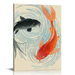 Happy Fish Giclee Canvas Prints Wall Art Animals Pictures Traditional Chinese Paintings for Bedroom Kitchen Bathroom Home Decorations Ready to Hang (16x20inch)