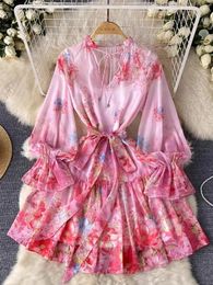 Casual Dresses Summer Romantic Holiday Flower Print Chiffon Dress Women's Bow Collar Long Flare Sleeve Lace Up Pink Loose A Line Mini