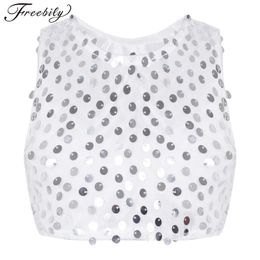 Tank Top Girls Sleeveless Sparkling Sequins Dance Crops Top Stage Performance Costume Dance Costume Gymnastics Ballet Vest Tank Top Tank Top Y240527