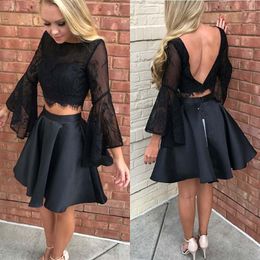 2022 Sexy Black Juliet Long Sleeves Homecoming Prom Dress Short Jewel Neck Sequin Beaded Two Pieces Satin Party graduation Cocktail Dre 2389