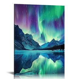 Aurora Borealis Canvas Wall Art Northern Lights Wall Decor Snow Mountain Lake Forest Bonfire Pictures Large Living Room Decor Frame
