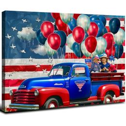 4th of July Canvas Wall Art Framed Wall Decoration Star Side US Flag Wall Gnome Truck FireworkBallon Aesthetic Wall Artwork Ready to Hang Wall Pictures for Living Room