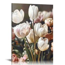Framed Flower Wall Art White Tulip Plain Wall Decor Bohemian Style Canvas Bathroom Art Print Poster Picture Modern home art Bedroom Apartment Ready to Hang