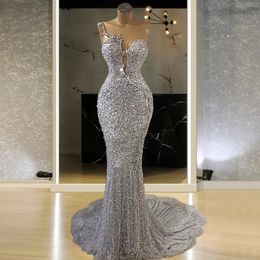 Glitter Silver Lace Mermaid Evening Dresses Sheer Neck Sequined Beaded Special Occasion Prom Gowns For Women Plus Size Long Mermaid Evening Formal Vestidos