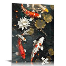 Nine Koi Fish White Lotus Pictures Canvas Painting Posters and Prints Wall Art Pictures for Living Room Home Decoration (Framed-Ready to Hang,16x20inch)