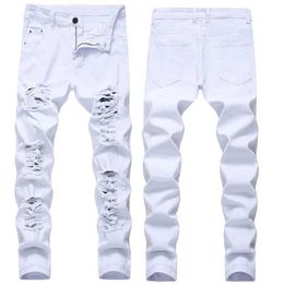 Hole Denim Mens Tide Brand Ruined Hole Jeans Slim All-match High Street Hip Hop Trousers Red White Large Size