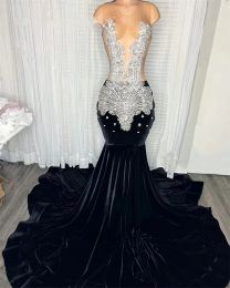2024 Sheer O Neck Long Prom Dress For Black Girls Beaded Crystal Rhinestone Birthday Party Gowns Mermaid Diamond Evening Dresses