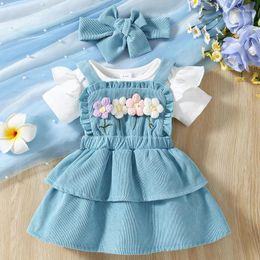 Clothing Sets Goocheer Baby Girls Summer Outfit Short Sleeves Rompers And Crochet Flowers Suspender Skirt Headband 3 Piece Clothes Set