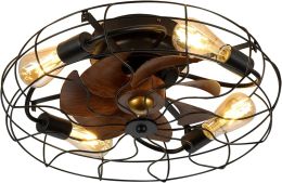 Cage Ceiling Fan with Lights Remote Control, Industrial Black Flush Mount Low Profile Ceiling Fan, Reversible Motor