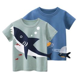T-shirts T-shirts 2024 Summer New Boys Cartoon Shark Print T-Shirt Childrens Short Sleeve O-Neck Cotton Tops Tees Shirt Kids Clothes Dropship WX5.27