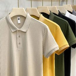 Men's Polos Stripe Silky Knitted Polo Shirt Short Sleeve Fashion Summer Top Neck T-shirt Men Clothing Tshirts For