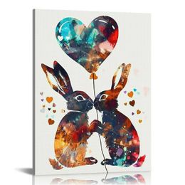 Rabbit Kissing Watercolor Poster Canvas Wall Art for Home Decor - Rabbit Love Canvas Print Wall Artwork Painting Ready to Hang Wedding Gifts - Easel & Hanging Hook