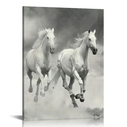 Runnning Horses Canvas Wall Art Black and White Wild Animal Prints Paintings On Canvas Modern Home Office Living Room Decoration Framed Gallery Wrapped