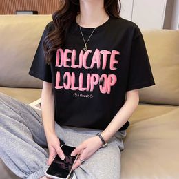 Womens Short sleeved 2024 Aging Reduction Summer Fashion Round Neck T-shirt Loose and Casual Design Elegant and Slim Appearance