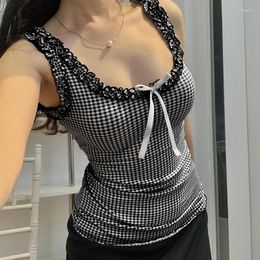 Women's Tanks French Plaid Lace Patchwork Sleeveless Vest For Women In 2024 Cross-border Spicy Girl Slim Fit And Slimming Top