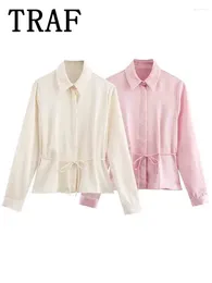 Women's Blouses Satin Shirt Woman Waist Tied Lace-up Long Sleeve Shirts For Women 2024 Casual Button Blouse Elegant Summer Top