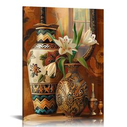 Натюрморт -холст африканская ваза стена арт вертикальная коричневая живопись племенная ваза картинка тюльпан в ретро ваза