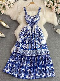 Womens Spaghetti Strap V Neck Backless Blue And White Porcelain Print Vacation Long Vestido Runway Summer Holiday Maxi Dress 240527