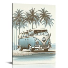 Ocean Beach Theme Wall Art Decor Coastal Tropical Palm Trees Cute Vintage Van Canvas Prints Poster for Living Room Bedroom Bathroom Decoration (Blue set)