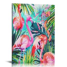 Tropical Flamingos Palm drzewa oprawione na płótnie sztuki ścienne z drewnianą ramą, gotowe do powieszenia malarstwa, grafiki plakat dekoracji plakatu