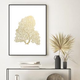 Golden Coral Poster Gold Foil Tree Canvas Painting Minimalist Art Print Coastal Botanical Wall Picture For Living Bedroom Decor