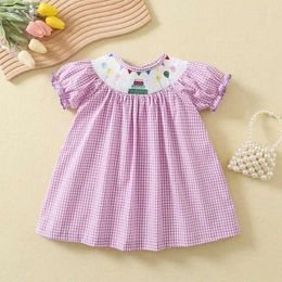 Girl Dresses Spring Summber Season Baby Smock Sibling Outfits Boutique Children Clothes Birthday Cake Print Smocked Purple Lattice Dress