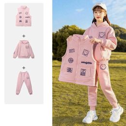 Clothing Sets 2024 Korean Winter Children Girl Thicken Three-piece Elementary Hooded Sweatshirt Warm Vest Sport Pants For Girls