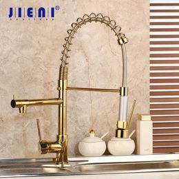 Kitchen Faucets JIENI Gold Polish Faucet Golden Vessel Sink Swivel Washbasin Mixer Taps With Pull Down Spring Spray Water Tap