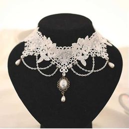Pendant Necklaces Imitate pearl white lace necklace bride Jewellery womens wedding tattoo tassel punk style lace pendant necklace S2452766