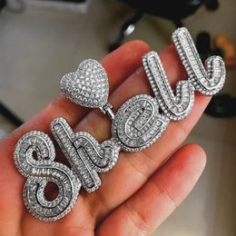 Custom Baguettes Script Letters Pendant With Heart Clasp Necklace Tennis Chain Micro Paved CZ Personalised Hiphop Jewellery 283b