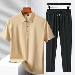 Summer Fashion Sports Solid Colour Suit Mens Casual Relaxed Comfortable Breathable Ice Silk TwoPiece Set M5XL 240517