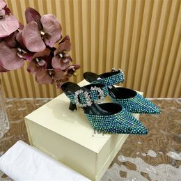 Novo diamante colorido de diamante pontiagudo de boca rasa strass de fivela com sapatos de banquete de moda de verão baotou com caixa 34-40