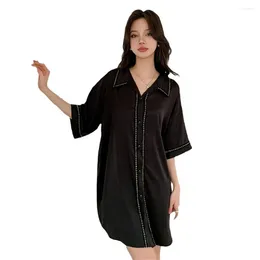 Women's Sleepwear Female Black Sleepshirt Summer Back Hollow Nightdress Homewear Lace Turn-down Collar Loungewear Nightgown Lingerie Shirt